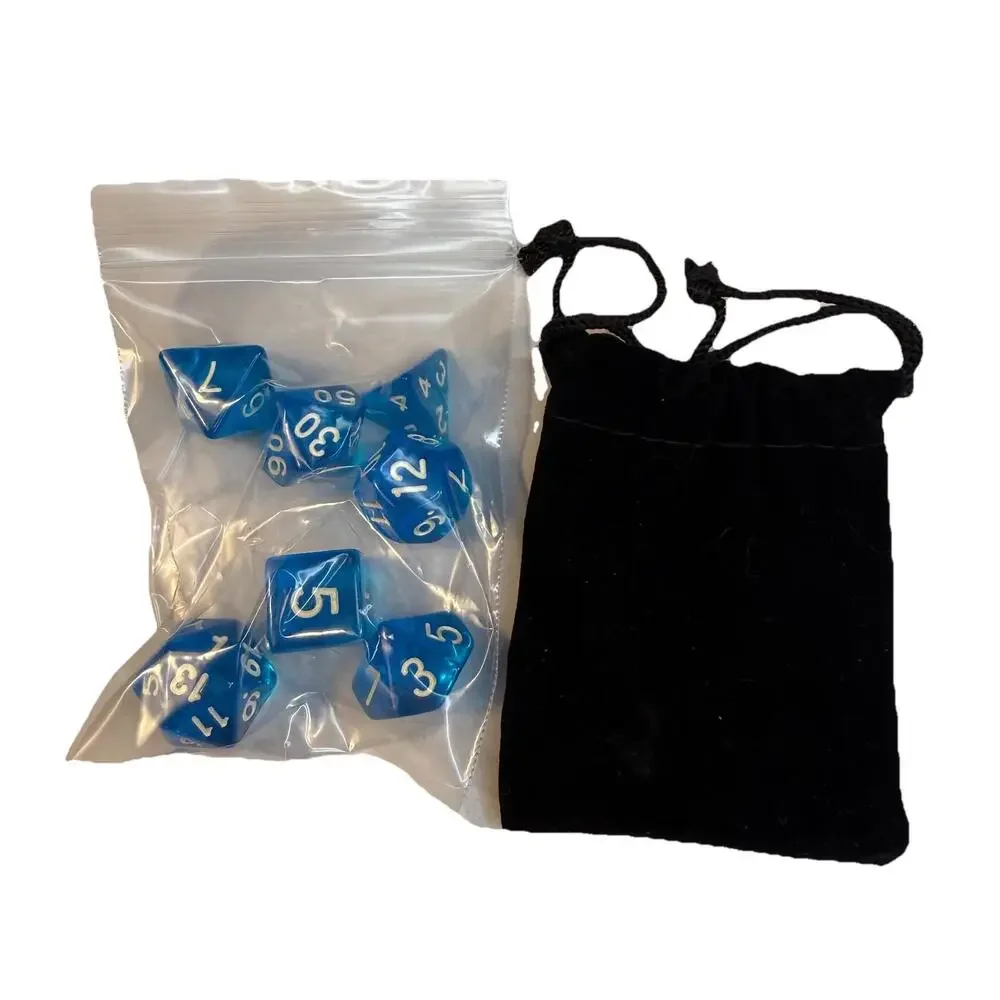 New 7 Piece Polyhedral translucent Blue W/ White Number Dice Set & Bag / D&D